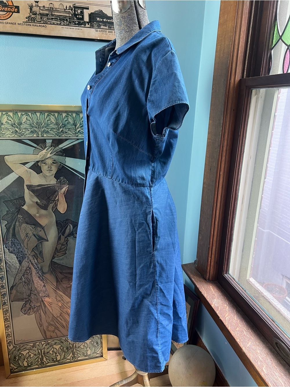 Boden Blue Button-Front Shirt Cotton Denim Dress - Picture 4 of 12
